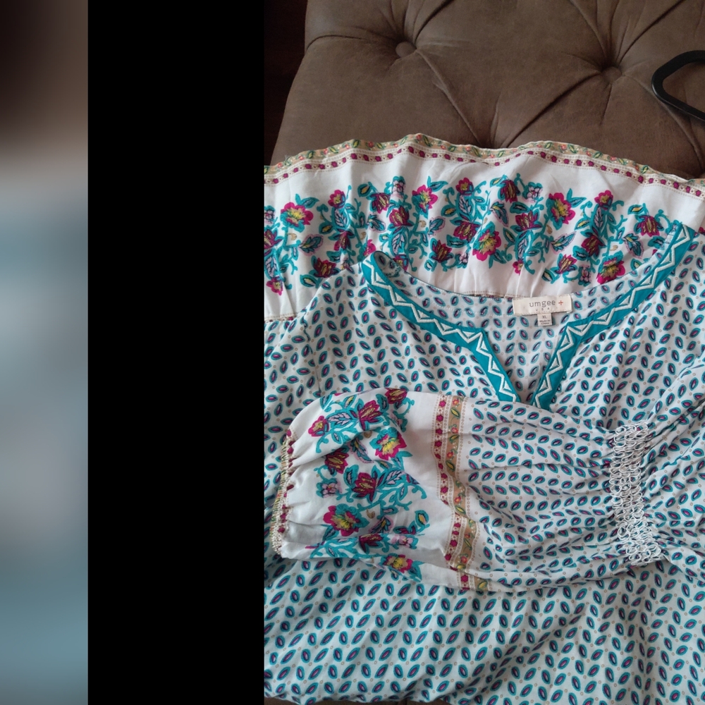 Umgee White Tunic/Dress with Teal Trim & Blue Print - Picture 10 of 10